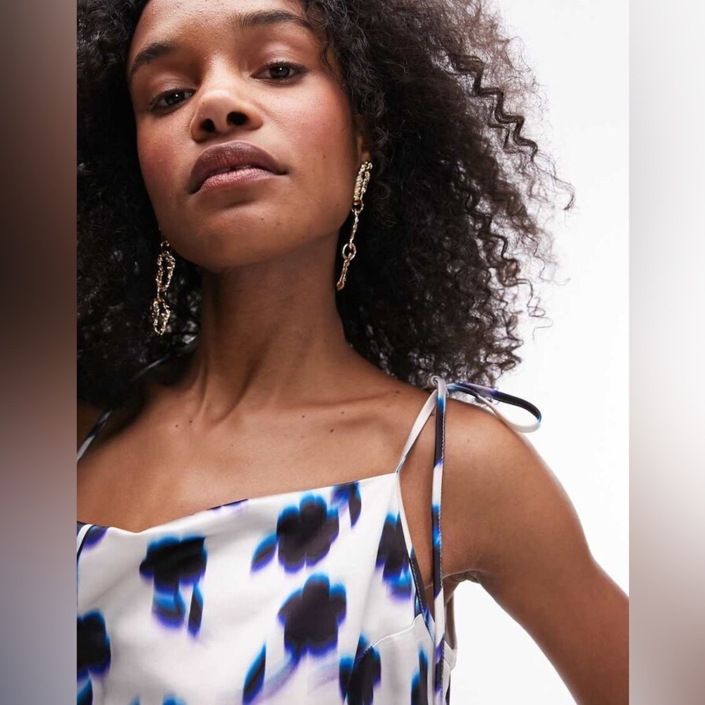 Topshop square neck wrap tie midi slip dress in blue floral - Picture 2 of 10